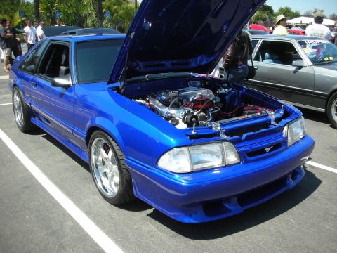 2004 Ford Crown Victoria - A bright blue Ford Mustang is displayed with its hood up, revealing the engine bay.