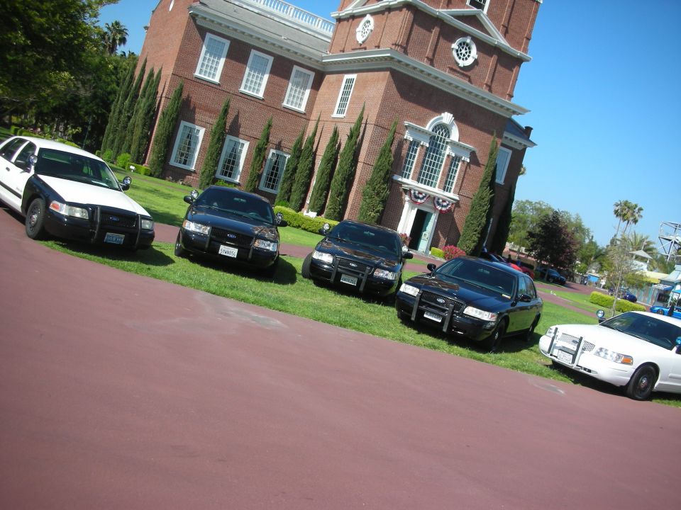Five police cars parked on grass in front of a brick building. Four black Ford Crown Victorias and one white Ford Crown Victoria