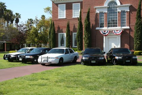 2004 Ford Crown Victoria - A line of police cruisers are parked on the grass in front of a large brick building with a white door.