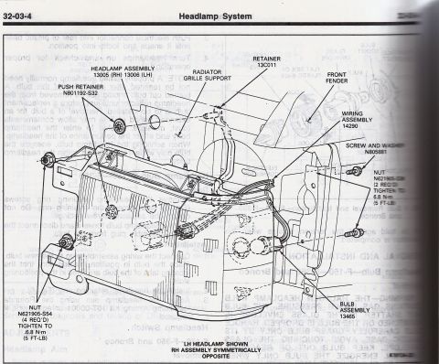 1990 Ford Bronco - Exploded view of front headlamp assembly mounting: headlamp assembly 13005 (RH)/13006 (LH), retainer 13C011, bulb assembly 13465, wiring 14…