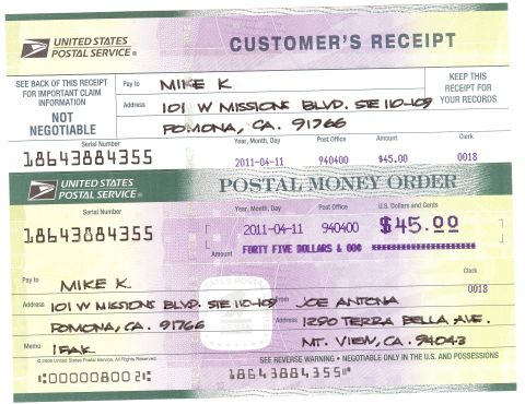 1996 Ford Bronco - This United States Postal Service money order shows a transaction from April 11, 2011, for forty-five dollars.