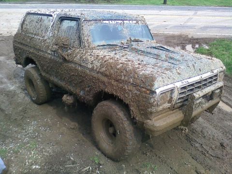 1979 Ford Bronco - This heavily mud-caked 1978 Ford Bronco is stuck in a muddy terrain, obscuring its original condition.