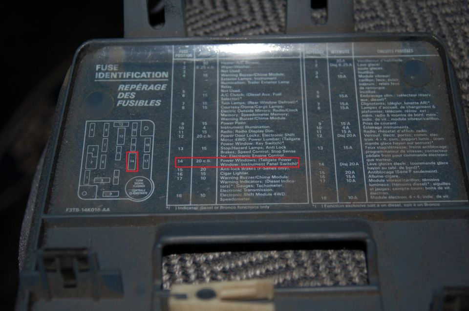Bilingual fuse identification label inside a fuse panel cover