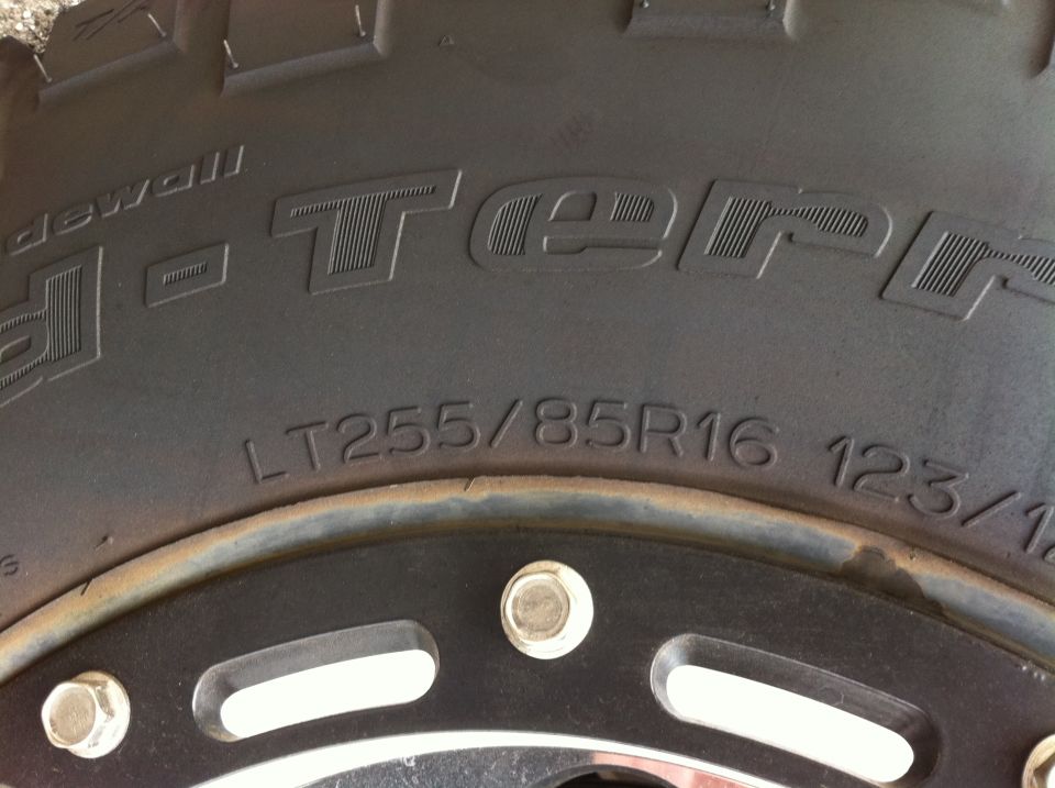 BFGoodrich All-Terrain T/A tire sidewall showing LT255/85R16 size