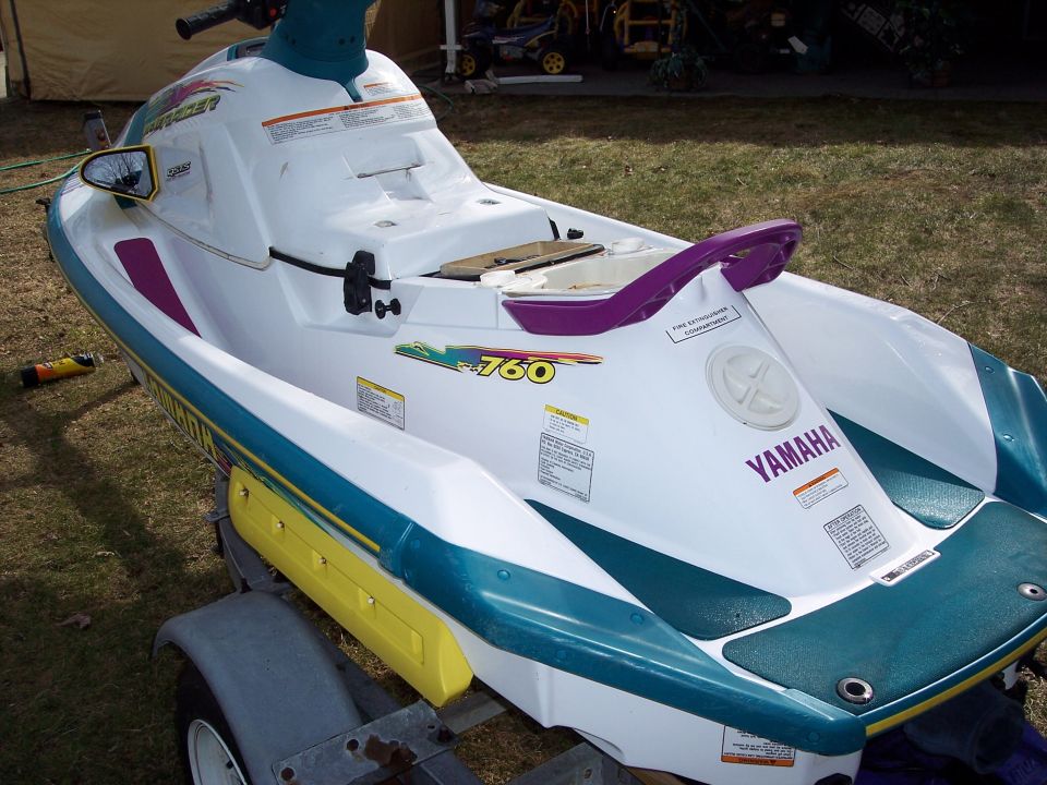 White, teal and purple Yamaha WaveRunner 760 personal watercraft on a trailer