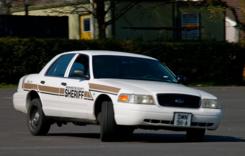 2001 Ford Crown Victoria - Washington County Sheriff's Ford Crown Victoria, likely a 2001 model, seen from the front-right.