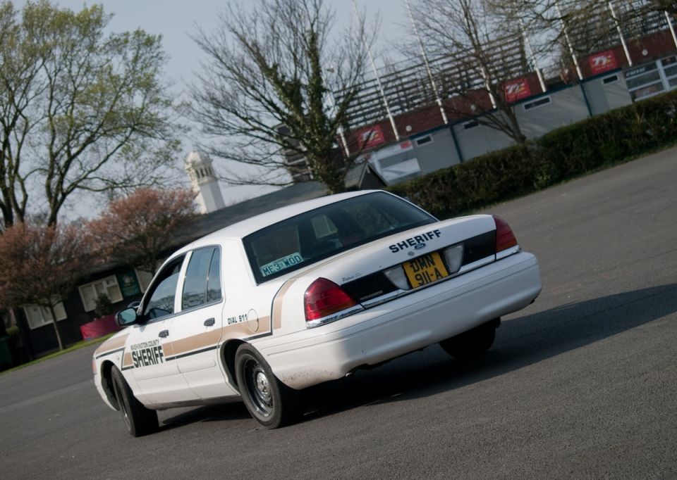 White sheriff car with gold stripe, rear view. License plate reads 'DMH 911-A'