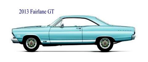 2008 Ford Crown Victoria - A light blue 2013 Fairlane GT coupe is shown in a side profile view against a white background.