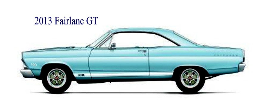 Light blue 2013 Fairlane GT coupe, side view