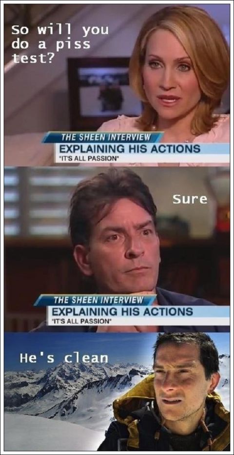 1990 Ford Bronco - A meme juxtaposes a TV interview with a mountain survival scene, humorously commenting on a 'piss test'.