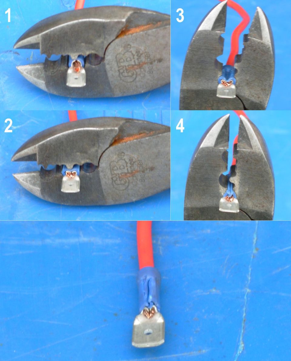 Numbered steps showing crimping a terminal onto a red wire with pliers