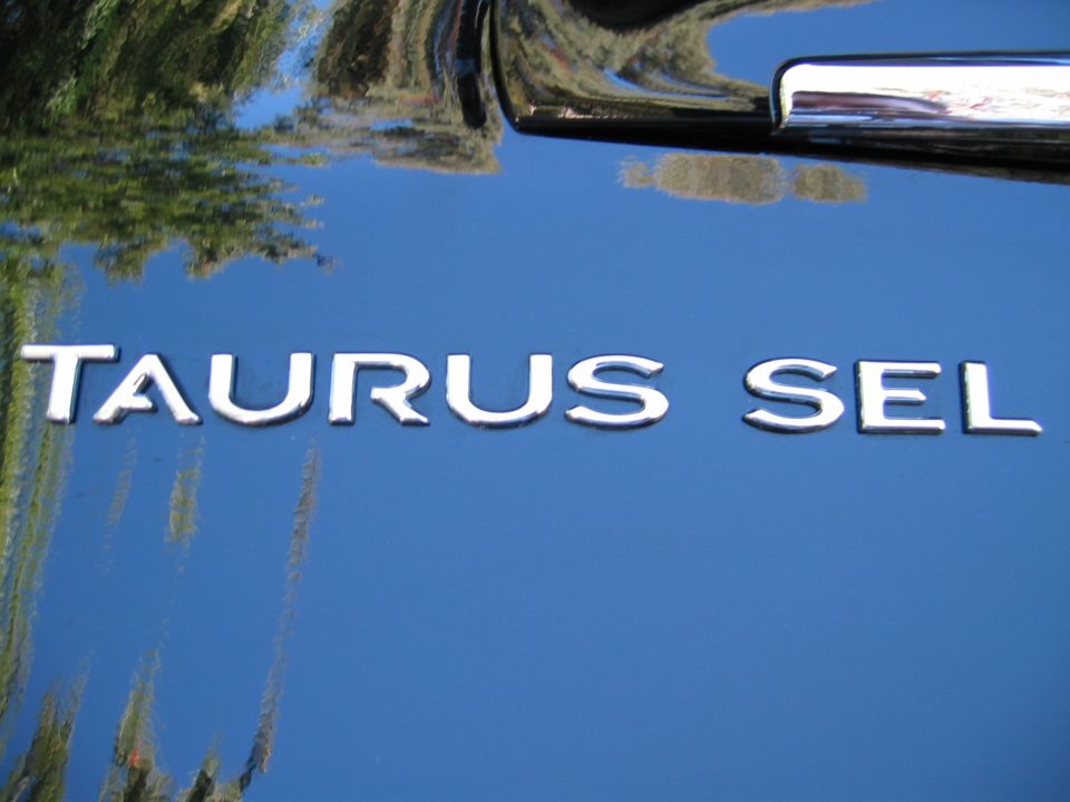 Chrome TAURUS SEL badge on glossy black car trunk