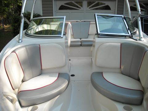 1979 Ford F-150 - Interior view of a boat showing seating and windshields.