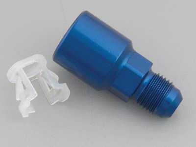 1990 Ford Bronco - A blue fuel line adapter and a white plastic retaining clip are shown on a neutral background.