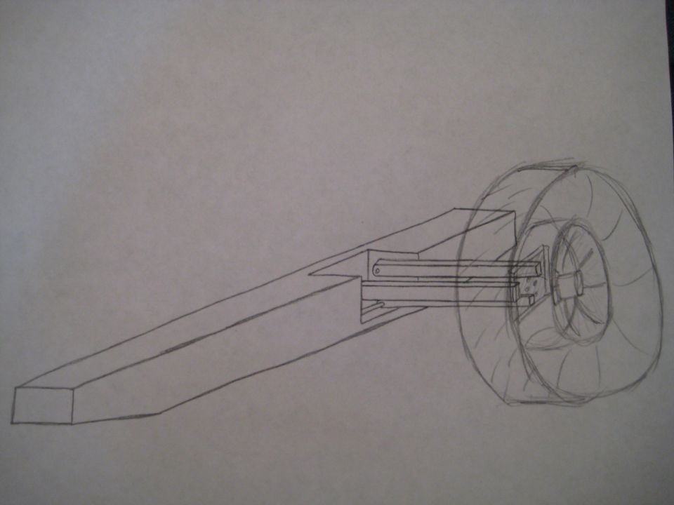Hand-drawn pencil sketch of a suspension arm and wheel concept