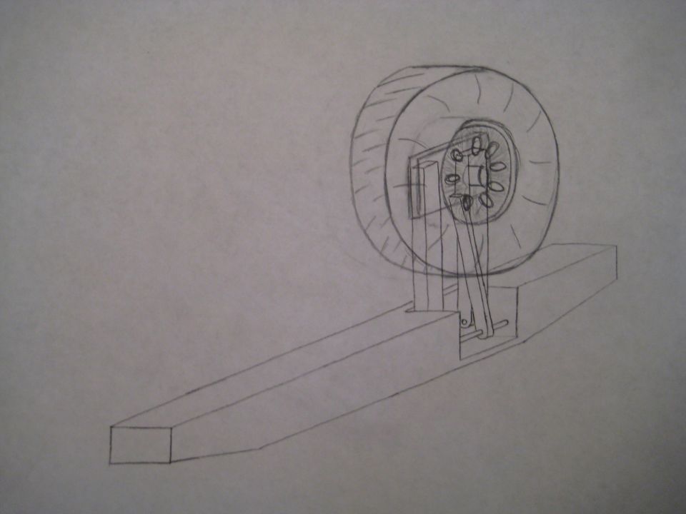 Hand-drawn pencil sketch of a wheel hub mounted on an arm