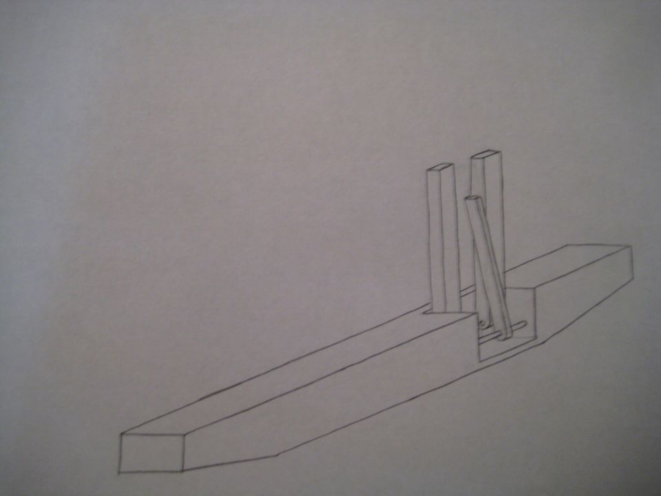 Hand-drawn pencil sketch of a bracket with upright posts on an arm