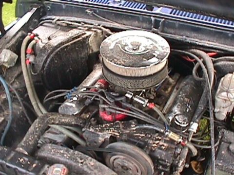 1978 Ford Bronco - Dirt-covered engine bay of a V8, viewed from the front with the hood up, showing a chrome-lidded round air cleaner on a four-barrel carbure…