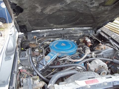 1970 Ford Ranchero - The engine bay of a vehicle is shown with the hood open, revealing various engine components.
