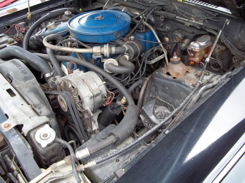 Engine bay with blue air cleaner and alternator. Visible text on radiator hose