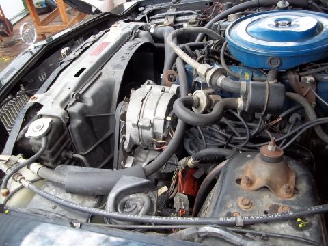 1970 Ford Ranchero - Close-up view of an engine bay, focusing on the alternator and cooling system components.