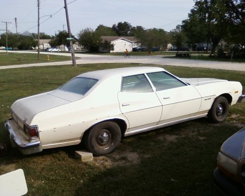 1976 Ford Torino - A white sedan sits on a grassy area with houses and trees in the background.