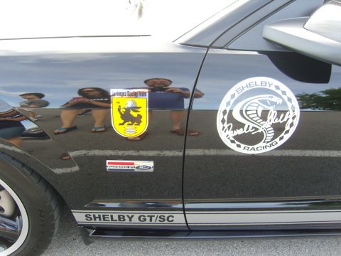2007 Ford Mustang - Side view of a black car Shelby GT/SC badging and a Shelby Cobra Racing decal.