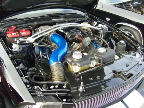 2007 Ford Mustang - Engine bay of a 2007 Ford Mustang, modified with a supercharger and custom intake.