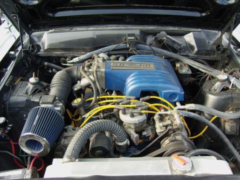 2007 Ford Mustang - The engine bay of a black Ford Mustang shows a blue 5.0 HO intake manifold and yellow spark plug wires.
