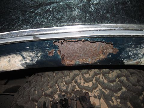 1979 Ford Bronco - Rust perforates the body panel above the tire of a dark green vehicle.