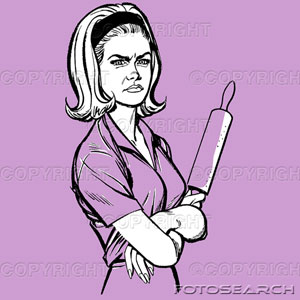 1990 Ford Bronco - A woman with a stern expression holds a rolling pin, suggesting she is ready for action.