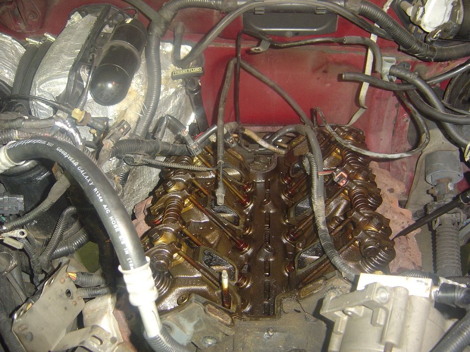 Engine with exposed valve train, hoses, and wiring. Red painted engine bay