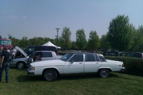 1991 Ford Crown Victoria - A white sedan with a black vinyl roof is parked on grass at an outdoor event.