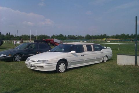 1991 Ford Crown Victoria - Two cars are parked on a grassy field, one is a white limousine and the other is a dark sedan.