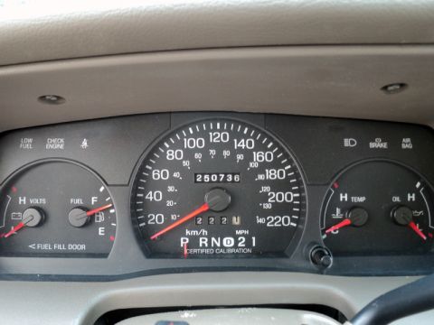 2001 Mercury Grand Marquis - The instrument cluster shows an odometer reading of 250,736 miles and a speedometer calibrated in both MPH and km/h.