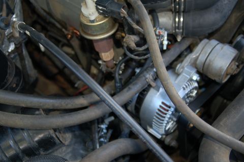 1992 Ford F-150 - The engine bay of a vehicle, with various components and hoses visible.