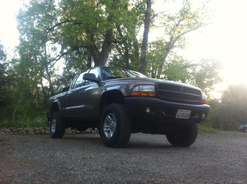 2001 Dodge Dakota - A brown 2001 Dodge Dakota pickup truck is parked on a gravel surface with trees in the background.