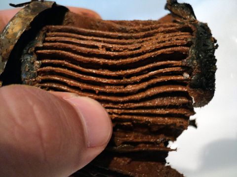 2001 Mercury Grand Marquis - A severely clogged coolant filter shows extensive corrosion and buildup within its layered media.