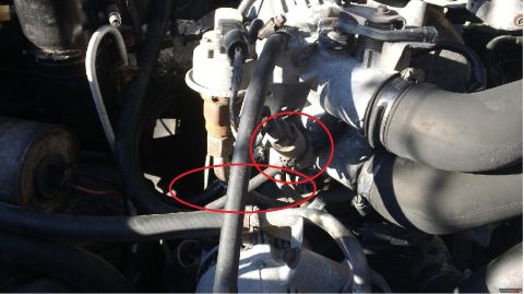 1992 Ford Bronco - Close-up view of engine components, including hoses and sensors, marked with red circles.