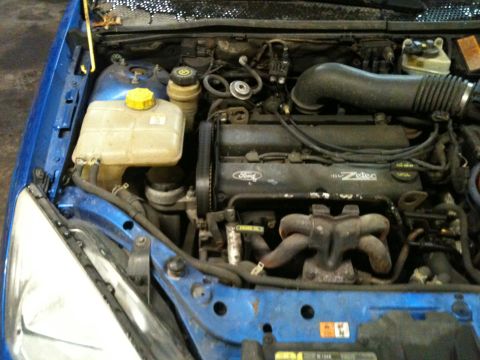 2002 Ford Focus - The engine bay of a blue Ford Focus, the 2.0L Zetec engine and various fluid reservoirs.