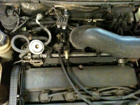 2002 Ford Focus - Close-up view of the engine bay of a 2002 Ford Focus, revealing various components and wiring.