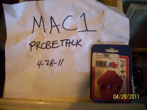1993 Ford Probe - A red v-block part is shown in its packaging next to a handwritten note that reads 'MAC1 PROBETALK 4-28-11'.