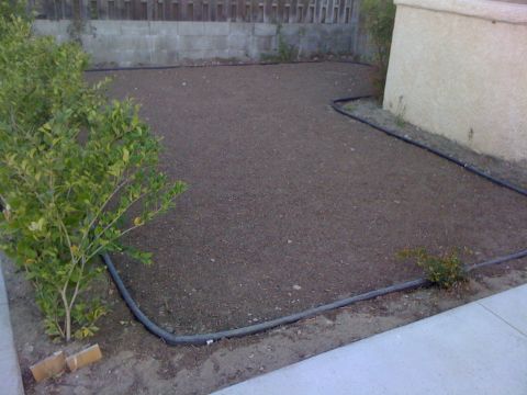 1968 Ford Mustang - A backyard scene shows a prepared garden bed with irrigation lines, bordered by plants and a wall.