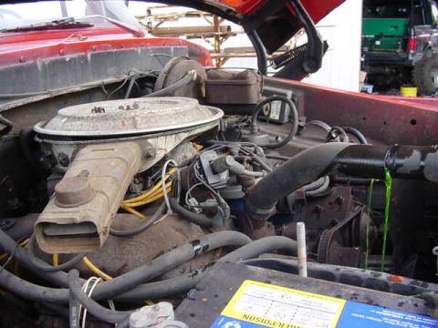 1992 Ford Bronco - Dusty V8 engine bay with round air cleaner, carburetor, and a yellow emissions decal, hood open in a yard.