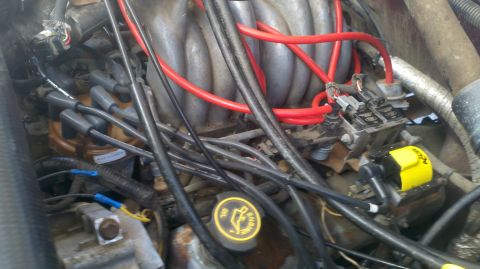 1989 Ford Bronco - Close-up view of a vehicle's engine bay, showing various components and wiring.