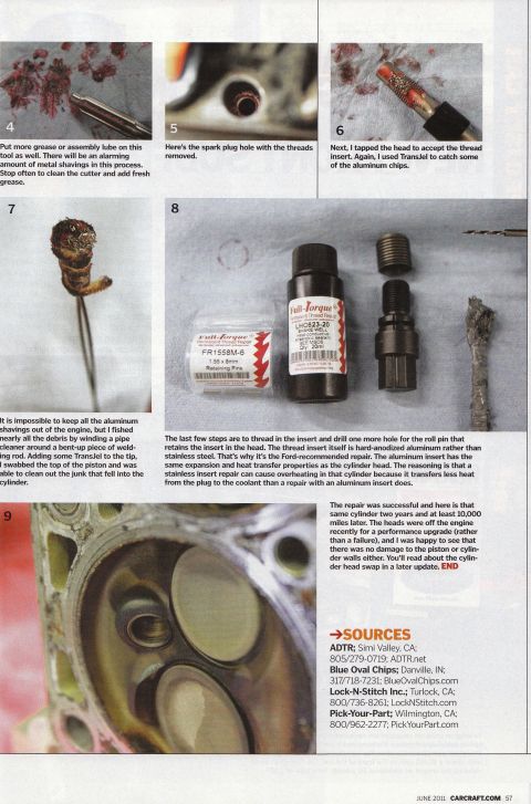 1998 Ford Crown Victoria - printed magazine page (Car Craft, June 2011) showing thread-insert repair steps and a sources listing.