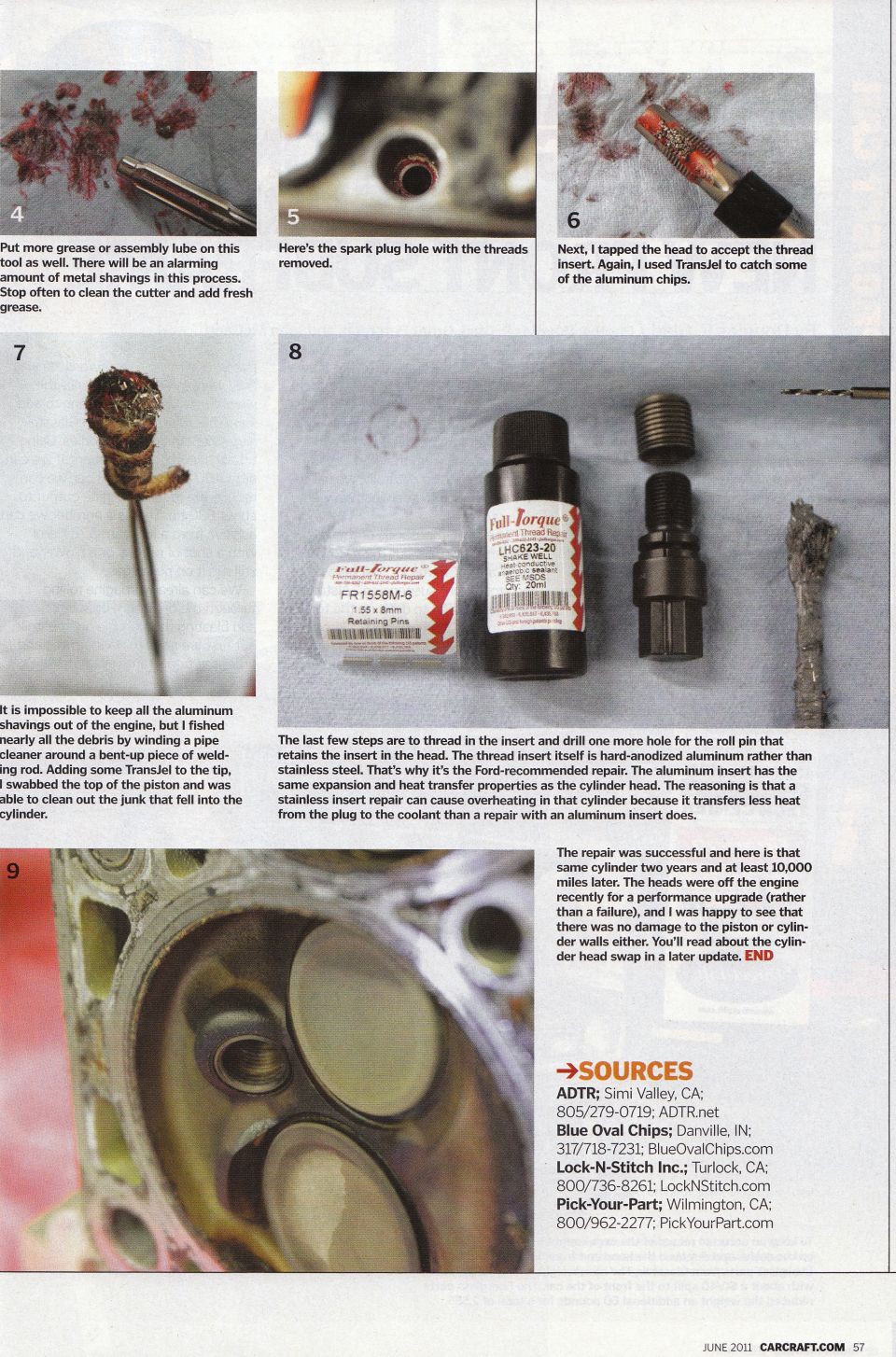 Car Craft magazine page with engine repair steps and sources list