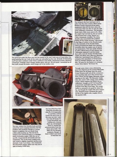1998 Ford Crown Victoria - printed magazine page with photos and captions describing a carbon-fiber throttle-body and intake project.
