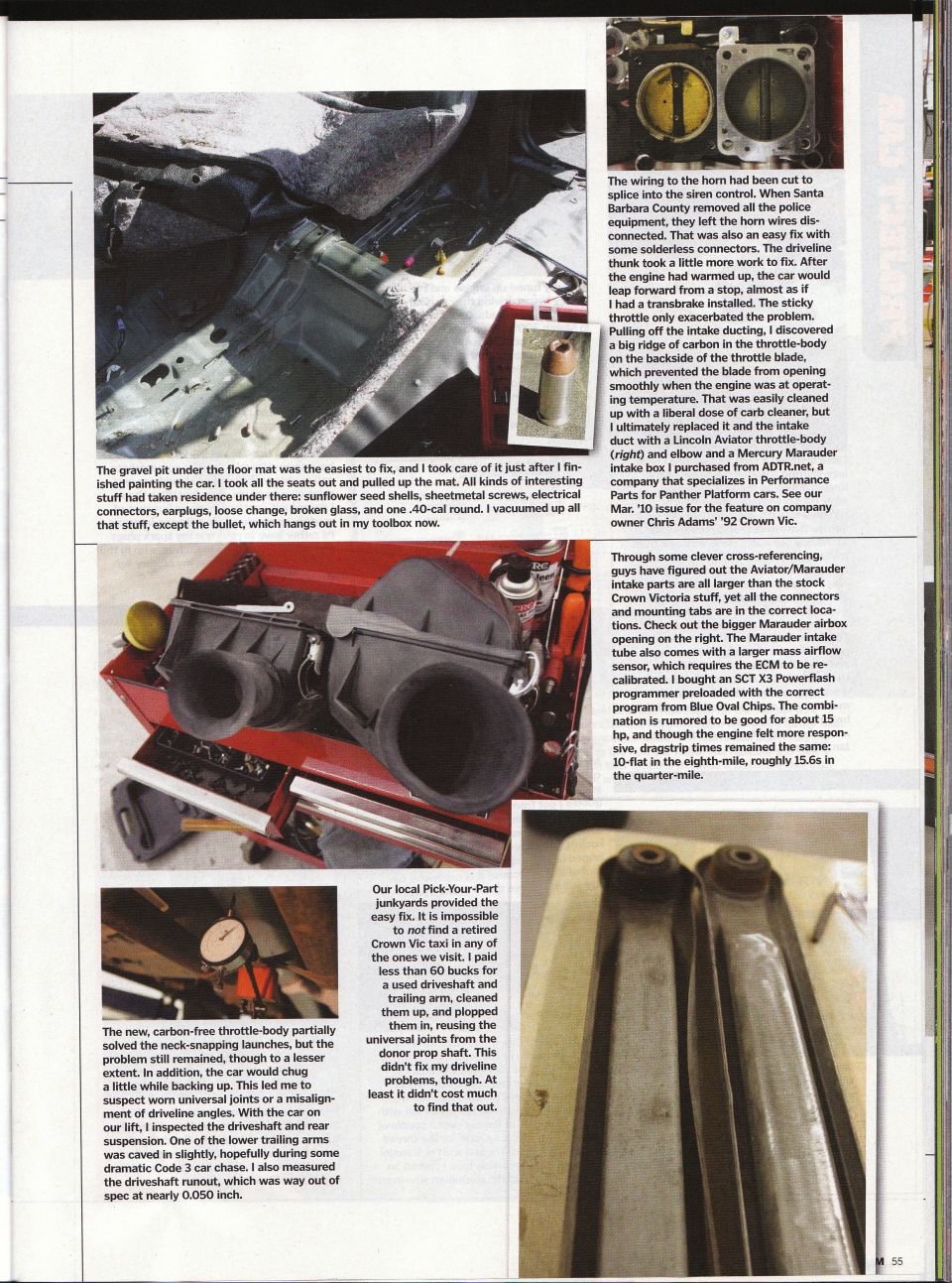 Magazine page detailing throttle-body and intake build with photos and text