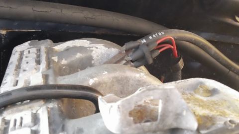 1994 Ford Bronco - A close-up view of engine components, including wires and a hose with visible text, is shown.